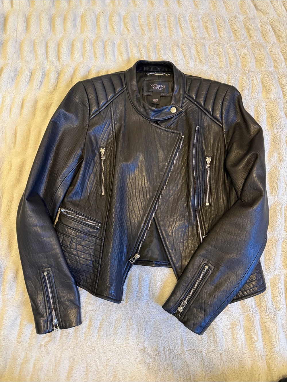 Victoria's Secret Black Real Leather Asymmetrical Biker Jacket